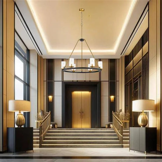 Black+gold finish pendant light, by Maple, for kitchen island or dining, angled view