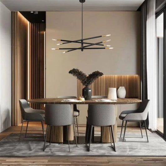 Black & gold pendant light, by Maple, for kitchen island or dining, angled view