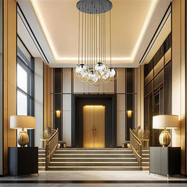Black/gold pendant light, by Maple, for kitchen island or dining, angled view