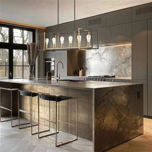 Gold + black pendant light, by Maple, for kitchen island or dining, angled view