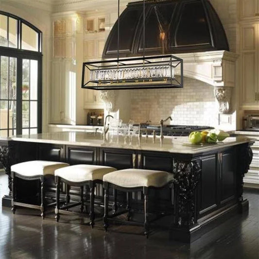 Gold + black pendant light, by Maple, for kitchen island or dining, angled view