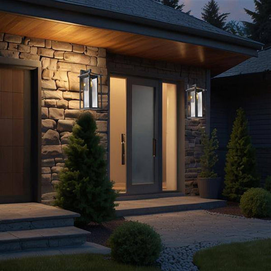 Sanded black wall sconce, by Maple, for hallway or living room, angled view