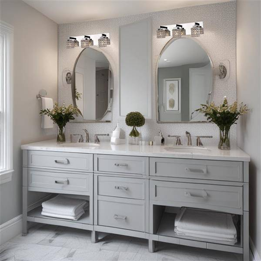 Chrome vanity light, by Maple, for bathroom, angled view