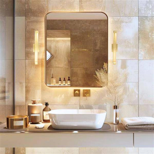 Gold vanity light, by Maple, for bathroom, angled view