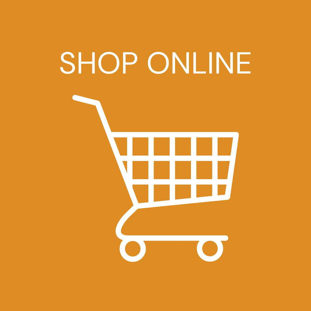 Shop online icon with white shopping cart on orange background
