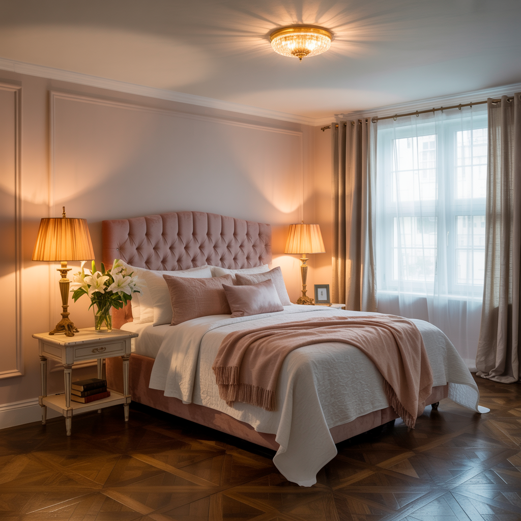 Layered bedroom lighting with flush mount and lamps