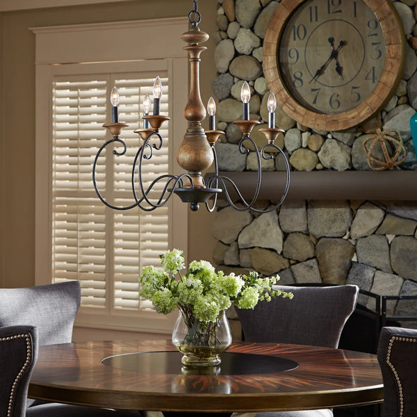 Rustic black chandelier, by Quoizel, angled view