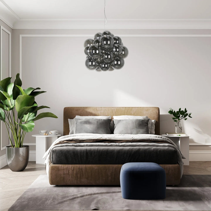 Smoke pendant light, by Dainolite, for kitchen island or dining, angled view