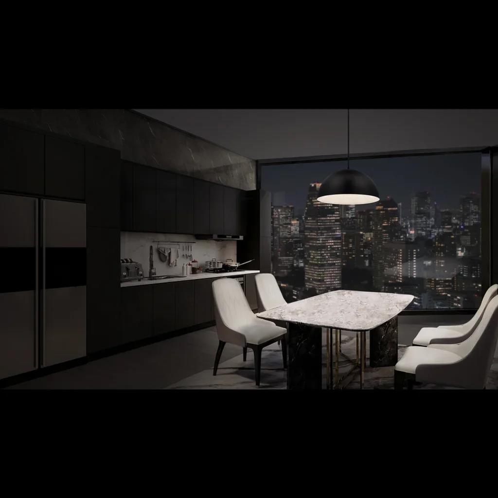 Black pendant light, by Schonbek, for kitchen island or dining, angled view