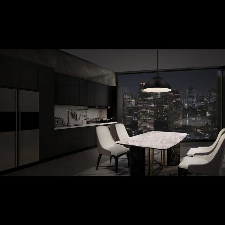 Black pendant light, by Schonbek, for kitchen island or dining, angled view