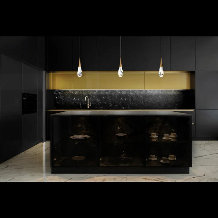 Aged brass pendant light, by Schonbek, for kitchen island or dining, angled view