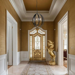 Black and gold pendant light, by Maple, for kitchen island or dining, angled view