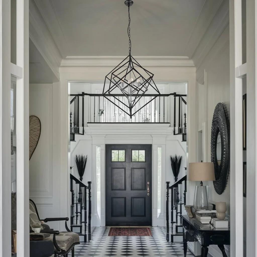 Black and chrome pendant light, by Maple, for kitchen island or dining, angled view