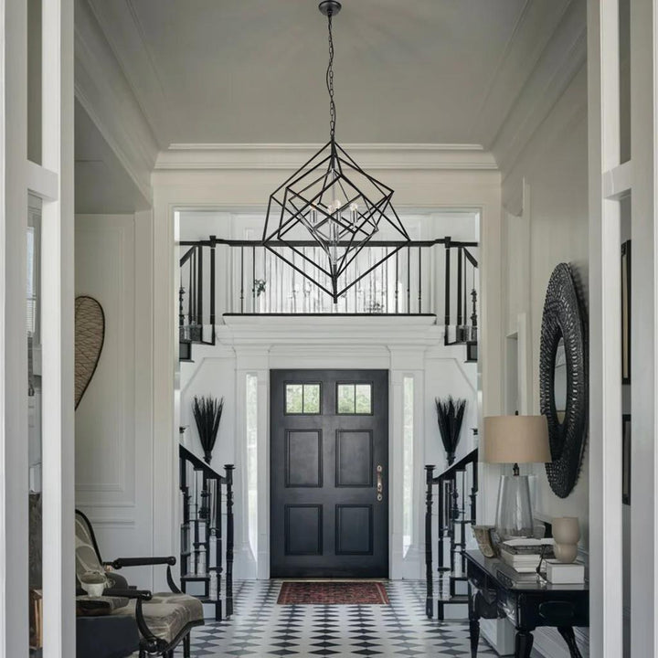 Black and chrome pendant light, by Maple, for kitchen island or dining, angled view