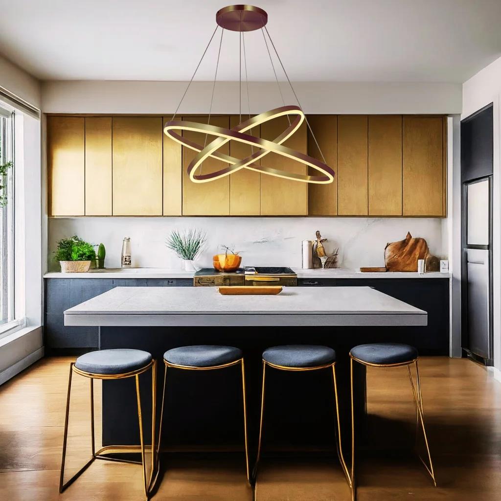 Gold pendant light, by Maple, for kitchen island or dining, angled view