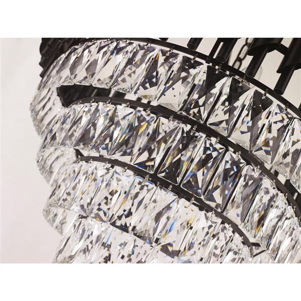 Black & gold metal+ clear crystal chandelier, by Maple, angled view