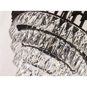 Black & gold metal+ clear crystal chandelier, by Maple, angled view