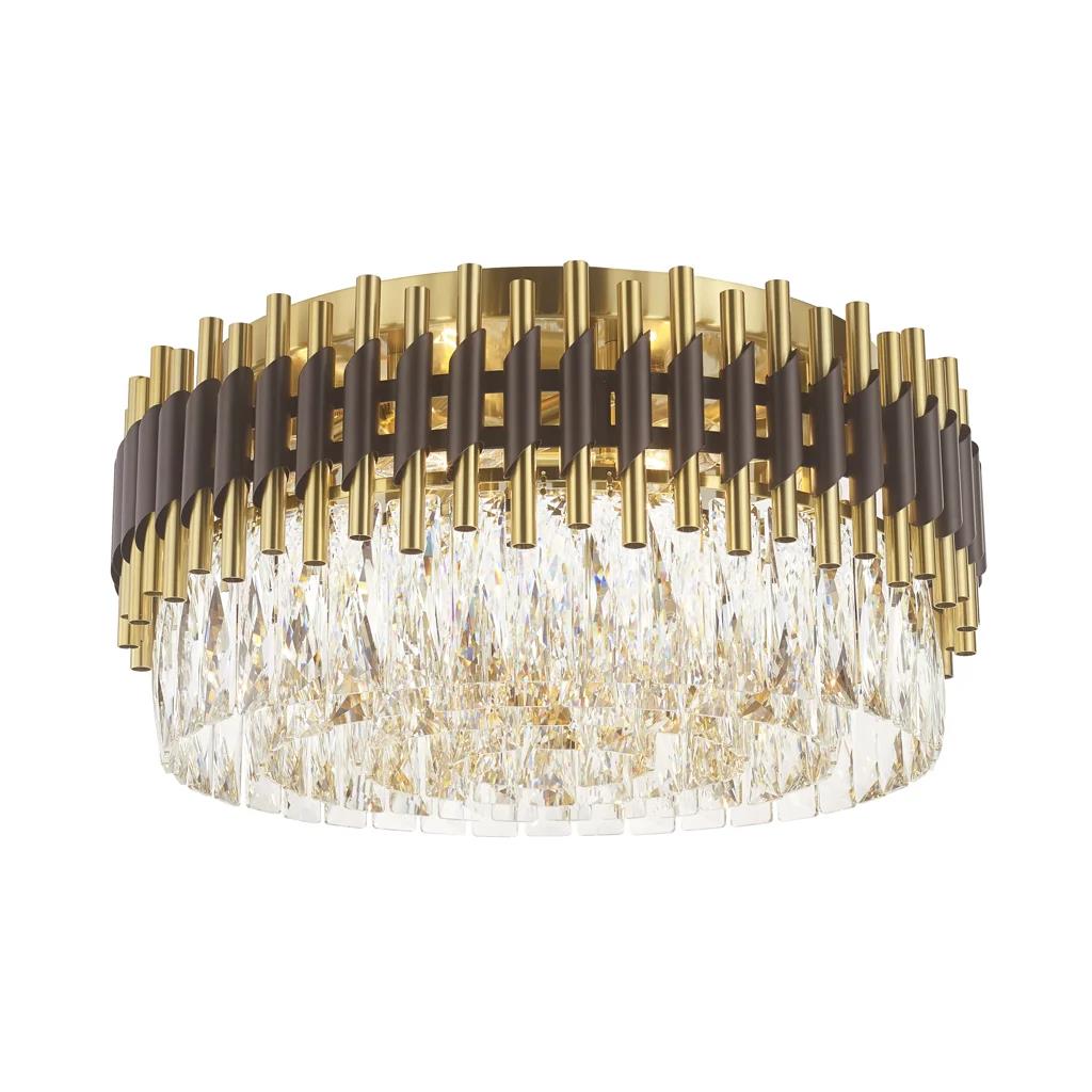 Black & gold + clear crystal flush-mount ceiling light, by Maple, for hallway, bedroom, or entryway, angled view