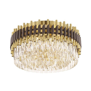 Black & gold + clear crystal flush-mount ceiling light, by Maple, for hallway, bedroom, or entryway, side view