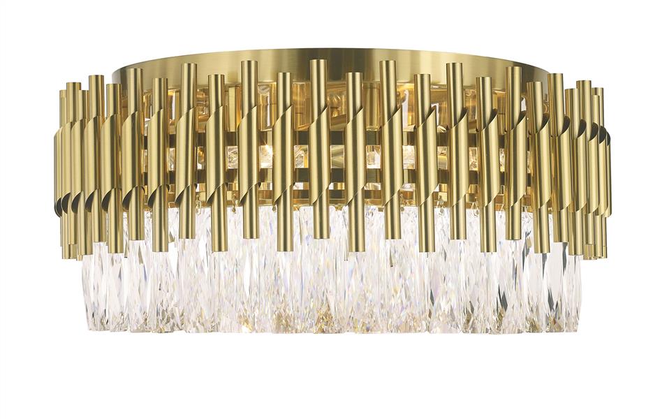 Gold + clear crystal flush-mount ceiling light, by Maple, for hallway, bedroom, or entryway, angled view