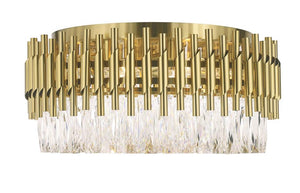 Gold + clear crystal flush-mount ceiling light, by Maple, for hallway, bedroom, or entryway, angled view
