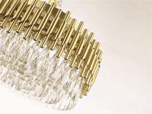 Gold + clear crystal flush-mount ceiling light, by Maple, for hallway, bedroom, or entryway, side view