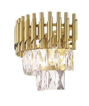 Gold finish with crysta wall sconce, by Maple, for hallway or living room, angled view