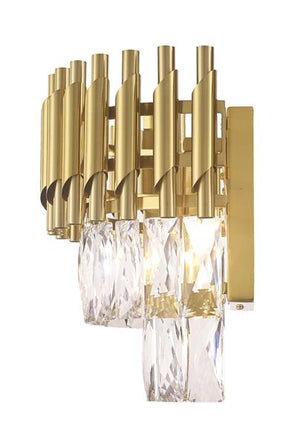 Gold finish with crysta wall sconce, by Maple, for hallway or living room, side view