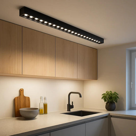 Sandy black sandy white light fixture, by Cano Light, angled view