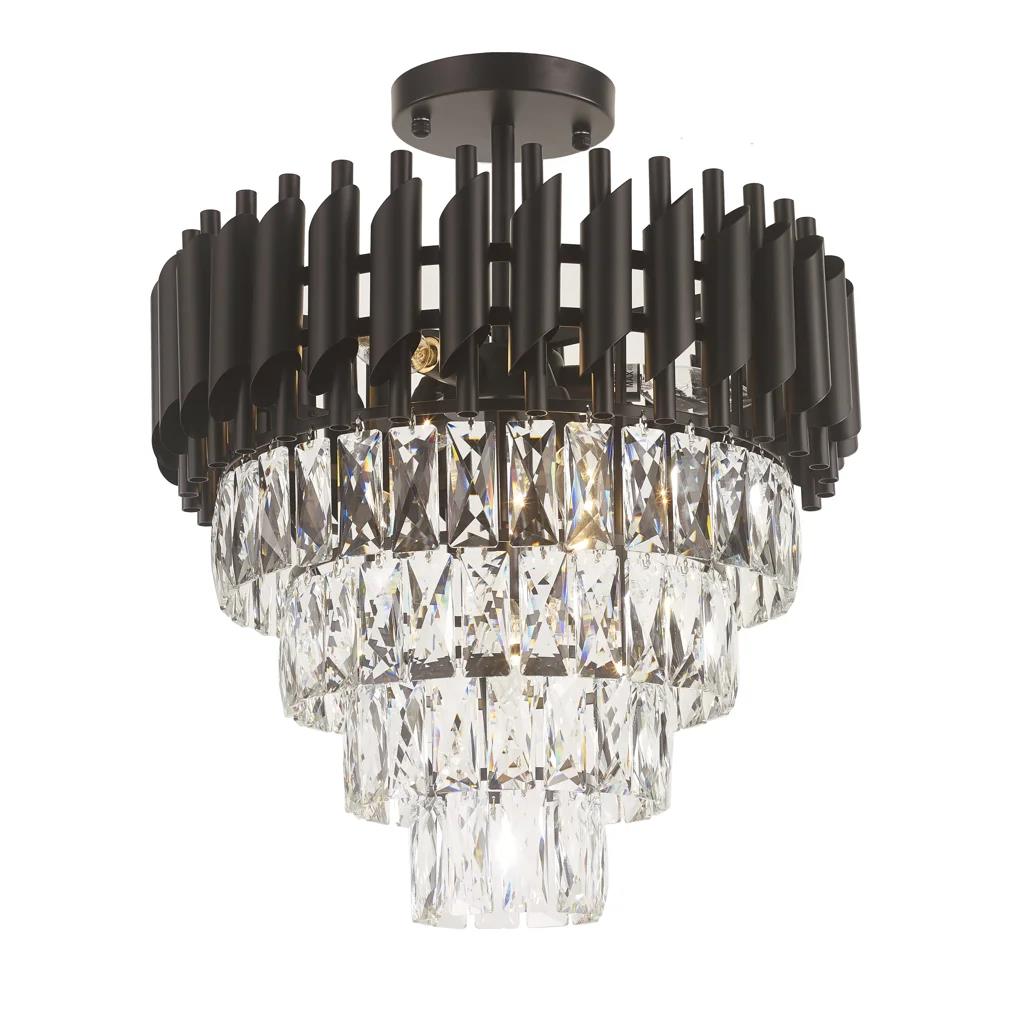 Gold + clear crystal semi-flush mount ceiling light, by Maple, for hallway, bedroom, or entryway, angled view