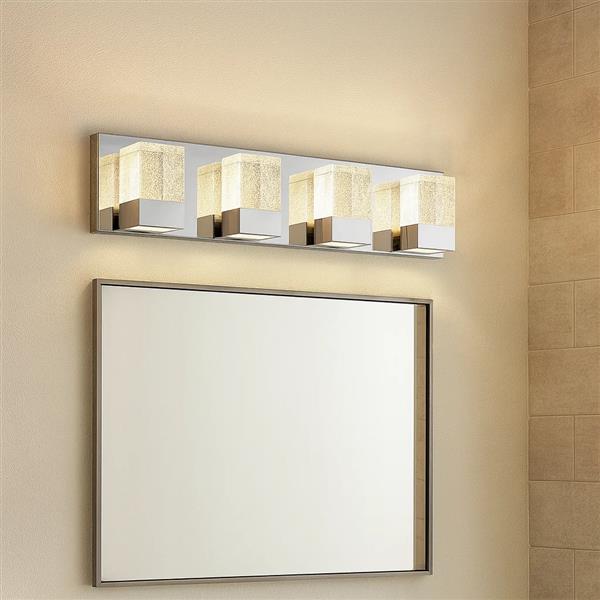 Chrome vanity light, by Maple, for bathroom, angled view