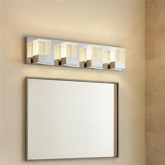 Chrome vanity light, by Maple, for bathroom, angled view