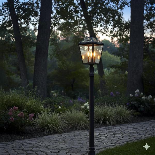 Black+ gold outdoor post lantern, by Maple, for driveway or front yard, angled view