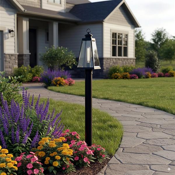 Outdoor post lantern, by Quoizel, for driveway or front yard, angled view