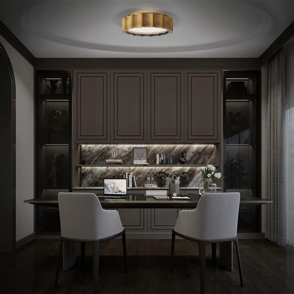 Aged brass flush-mount ceiling light, by Schonbek, for hallway, bedroom, or entryway, angled view
