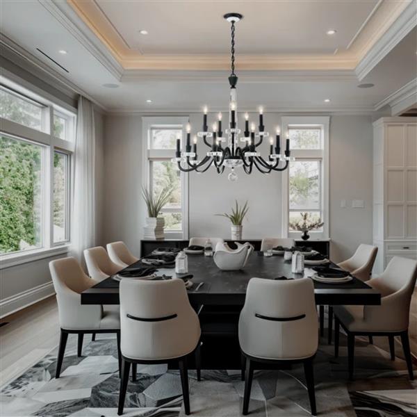 Black chandelier, by Schonbek, angled view