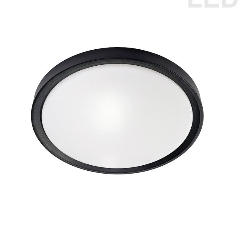 Black / white flush-mount ceiling light, by Votatec, for hallway, bedroom, or entryway, side view