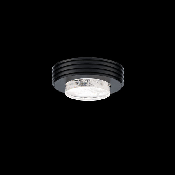 Black flush-mount ceiling light, by Schonbek, for hallway, bedroom, or entryway, angled view