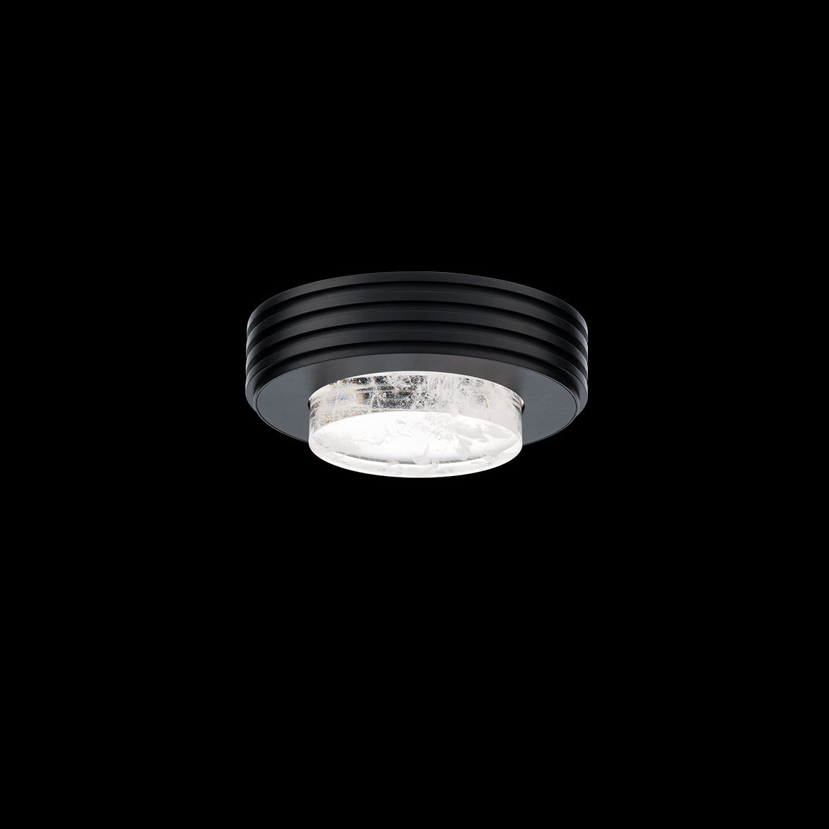 Black flush-mount ceiling light, by Schonbek, for hallway, bedroom, or entryway, angled view