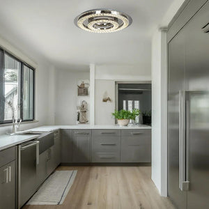 Chrome flush-mount ceiling light, by Maple, for hallway, bedroom, or entryway, side view