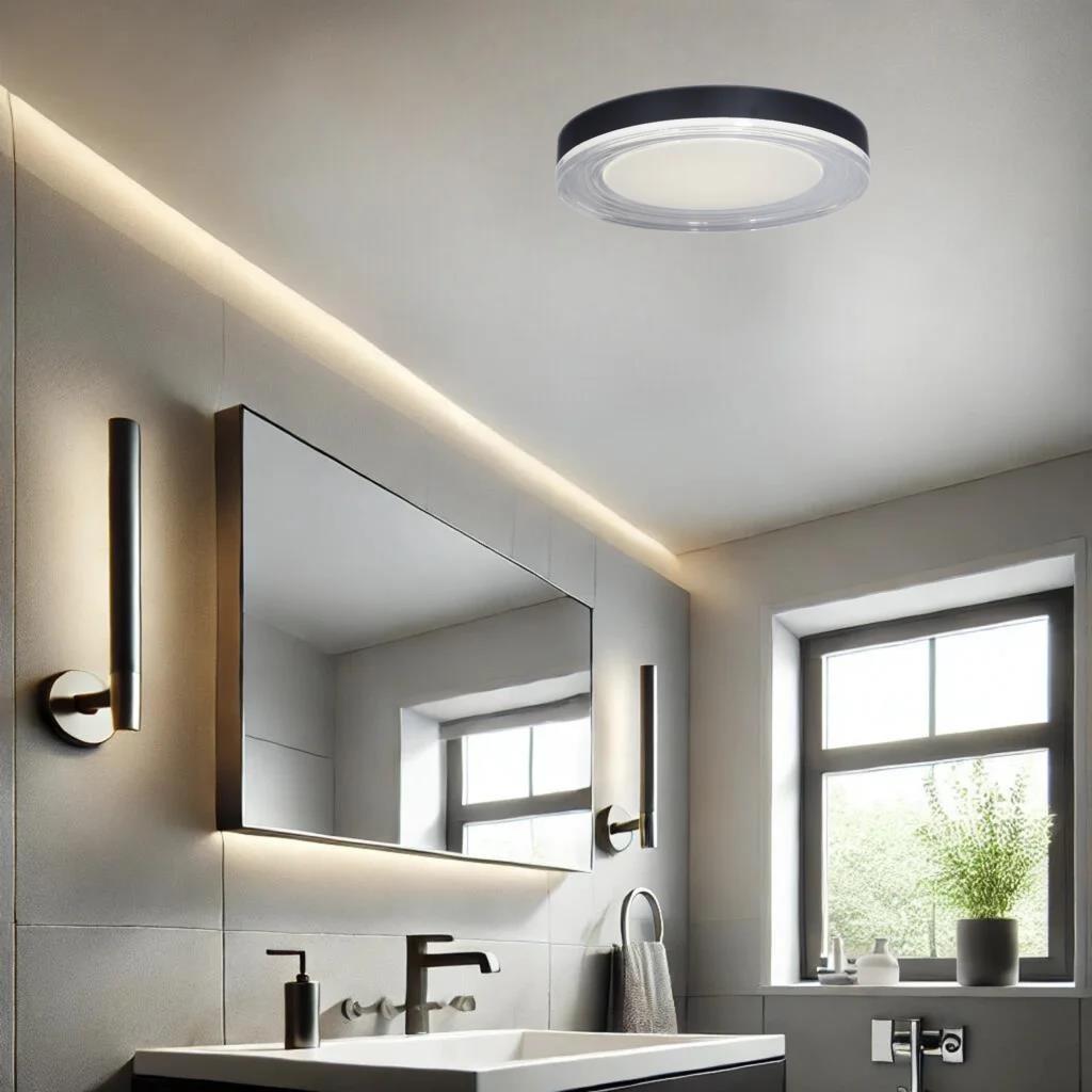 Black flush-mount ceiling light, by Maple, for hallway, bedroom, or entryway, angled view