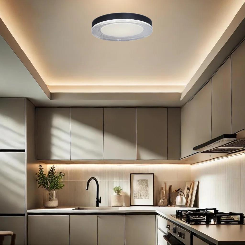 Black flush-mount ceiling light, by Maple, for hallway, bedroom, or entryway, side view