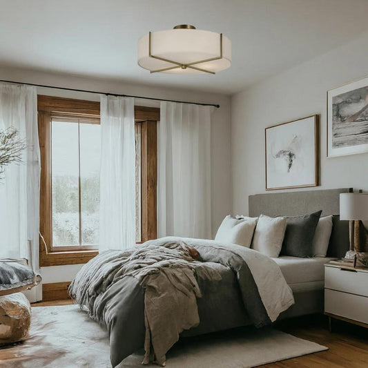 White flush-mount ceiling light, by Maple, for hallway, bedroom, or entryway, angled view