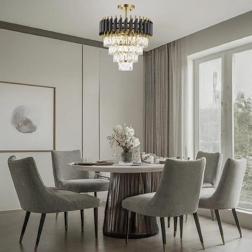 Black & gold+ clear crystal semi-flush mount ceiling light, by Maple, for hallway, bedroom, or entryway, side view