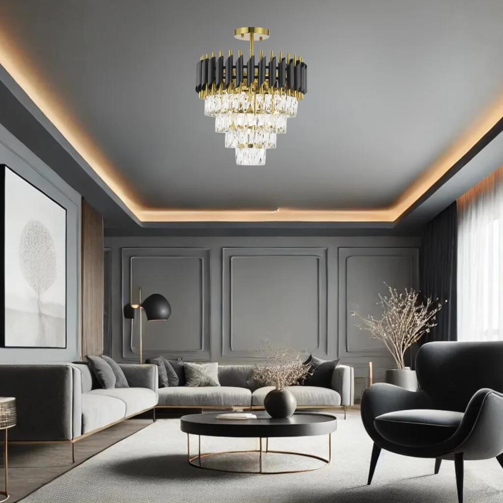 Black & gold+ clear crystal semi-flush mount ceiling light, by Maple, for hallway, bedroom, or entryway, close-up