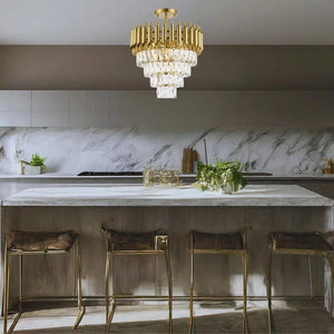 Gold + clear crystal semi-flush mount ceiling light, by Maple, for hallway, bedroom, or entryway, side view