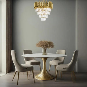 Gold + clear crystal semi-flush mount ceiling light, by Maple, for hallway, bedroom, or entryway, close-up