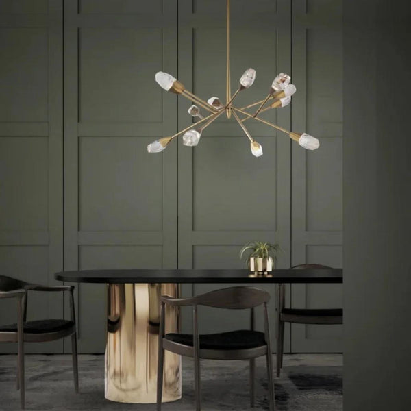 Aged brass pendant light, by Schonbek, for kitchen island or dining, angled view