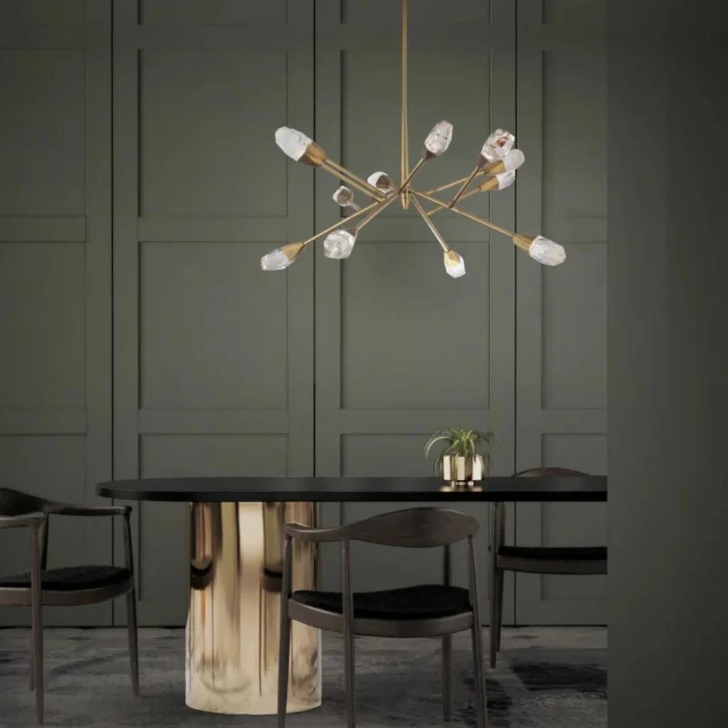 Aged brass pendant light, by Schonbek, for kitchen island or dining, angled view