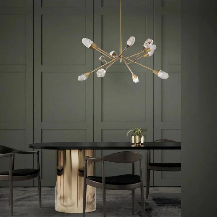 Aged brass pendant light, by Schonbek, for kitchen island or dining, angled view